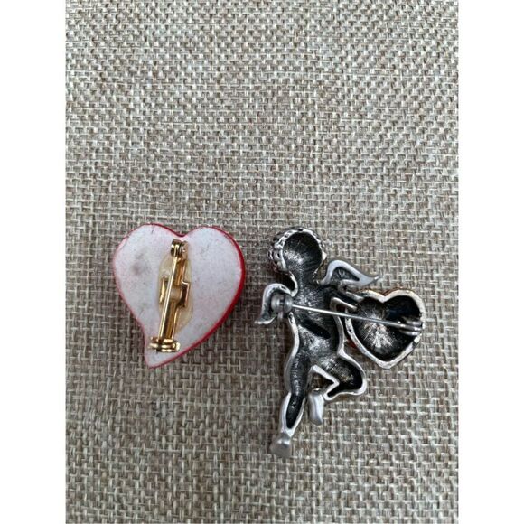 Valentines Bundle of 2 Brooches Silver Angel and Red Clay Heart - Picture 2 of 7